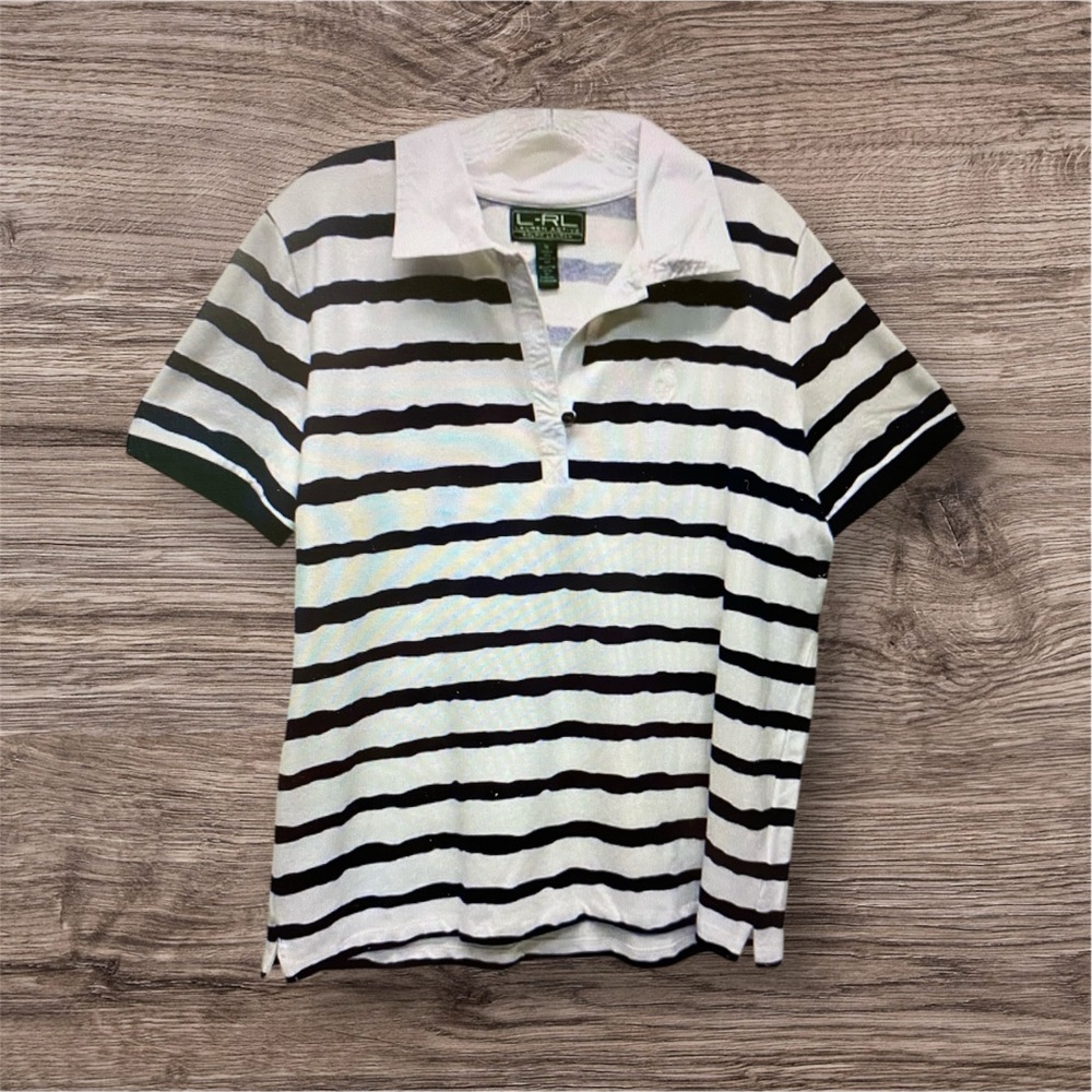 Lauren Ralph Lauren Active L-RL 1X White Navy Blue Strip Cotton Pique Crest Polo